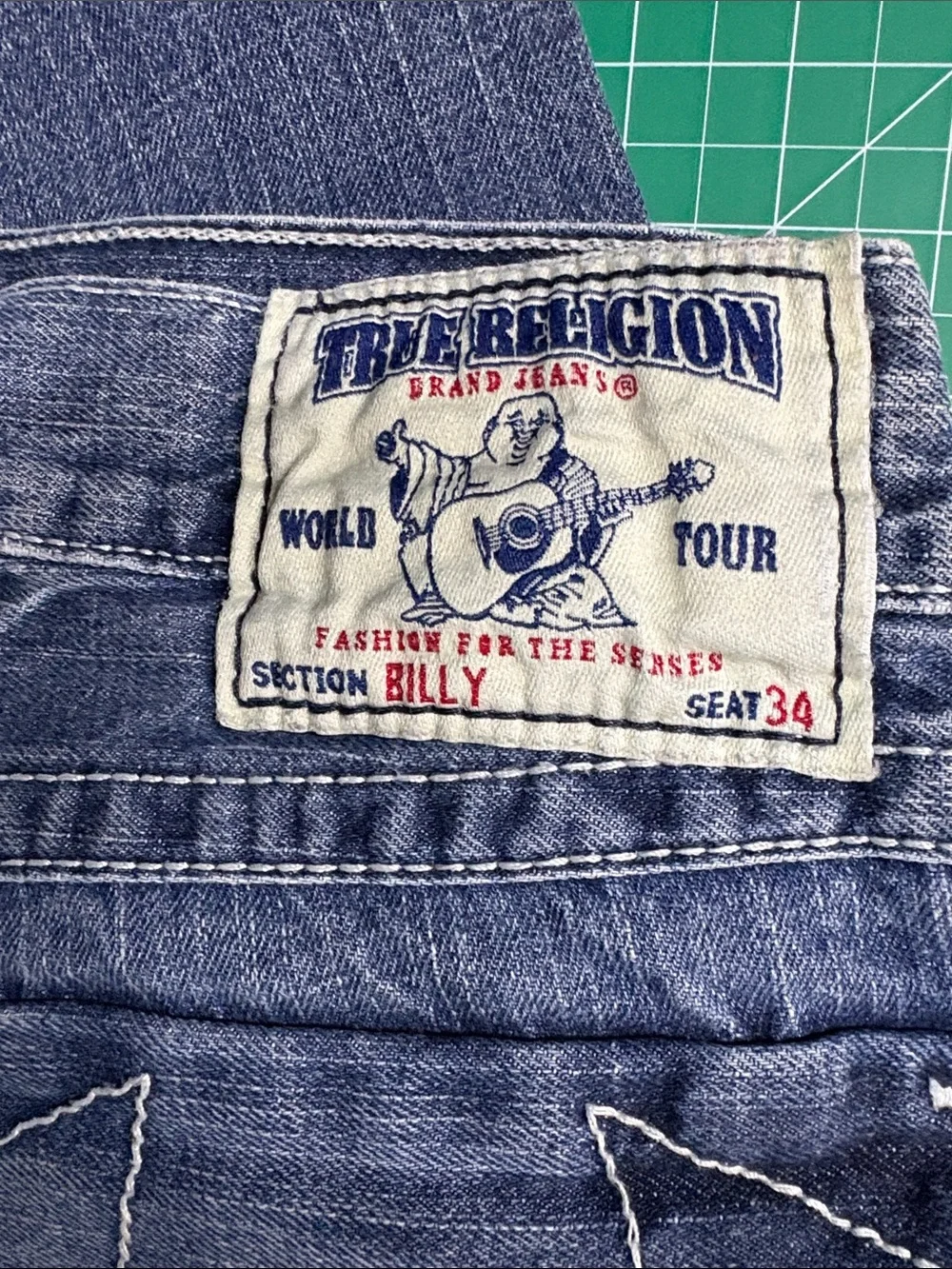 True Religion Medium Indigo Bootcut Jeans with White Stitching